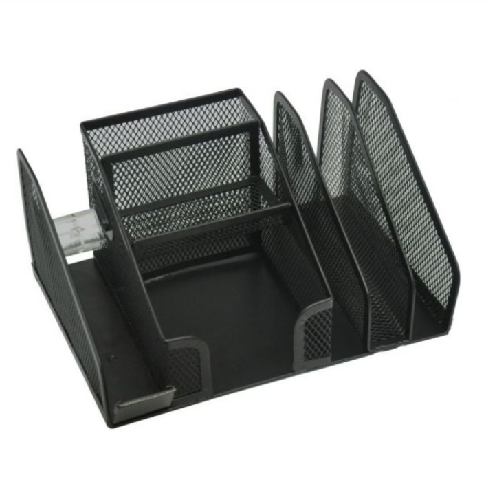 Organizator de Birou, EvOffice, 6 Compartimente cu dispenser banda adeziva, 205x145x100 mm, Metalic, Mesh, Negru
