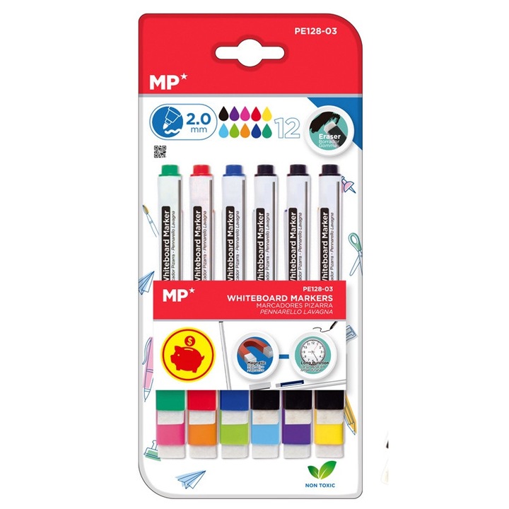 Markere pentru tabla colorata MP PE128-03, grosime varf 2mm, 12buc