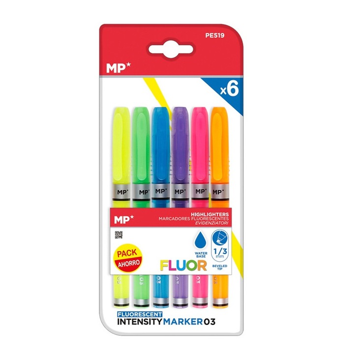 Комплект от 6 маркера, хайлайтери, MP PE519, многоцветни, 1/3 мм
