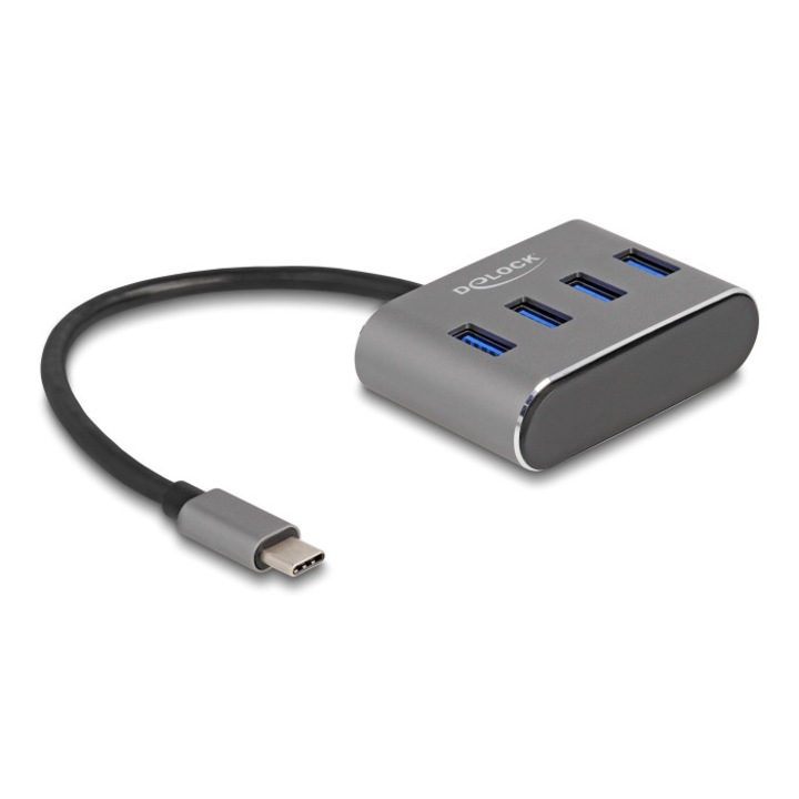 Хъб, Delock, USB-C, 63223, 4 порта USB 3.2 Gen 1, 5 Gbps, сив