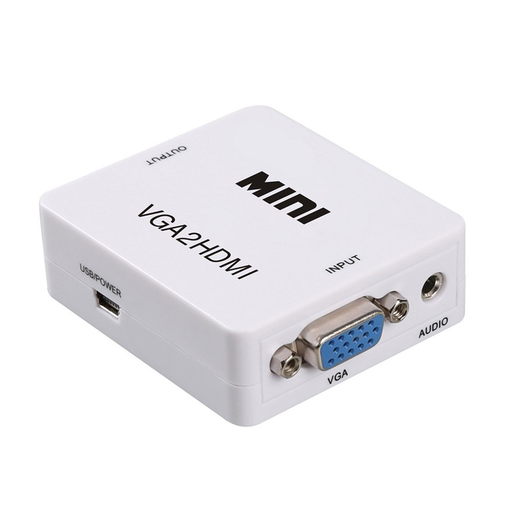 Convertor video, PowerTech, VGA si audio de 3.5 mm la HDMI, CAB-H107, Full HD, Alb