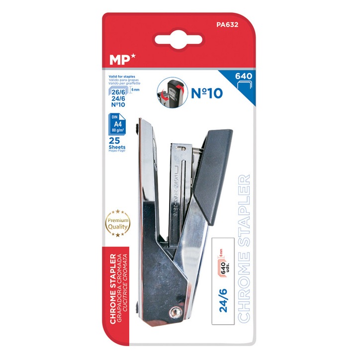 Tűzőgép MP, PA632, 24/6-26/6-No10, 25 lap, fém, 13x3,7 cm