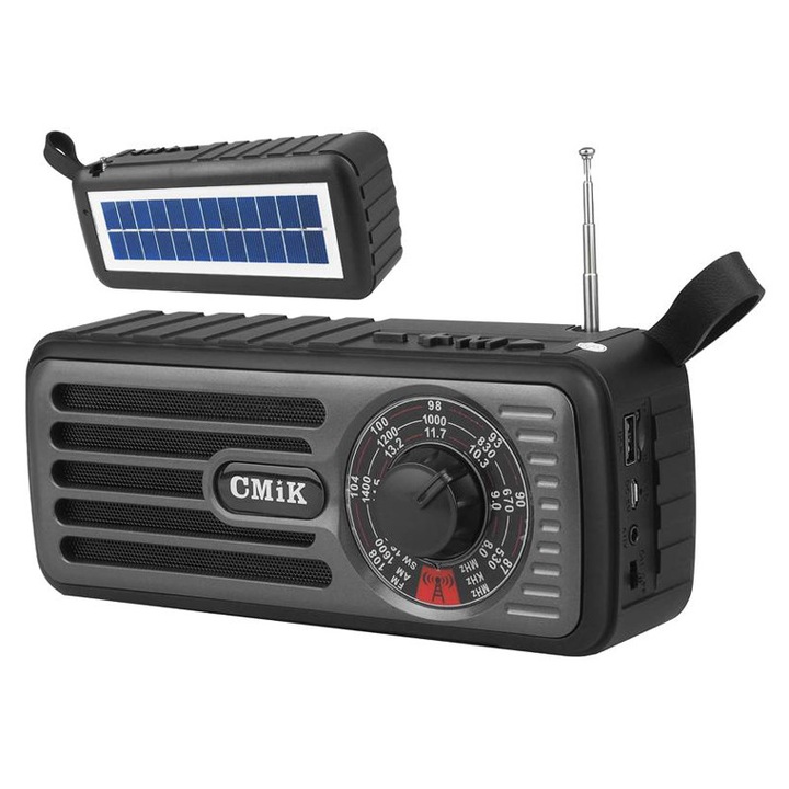 Radio cu difuzor portabil, CMIK, MK-101, Incarcare solara, BT/USB/TF/AUX, Negru