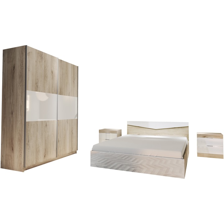 Комплект мебели за спалня Irim Dario, Легло 160x200 см, Гардероб с плъзгащи се врати, 2 нощни шкафчета, Цвят Sonoma Arwen, Бял гланц