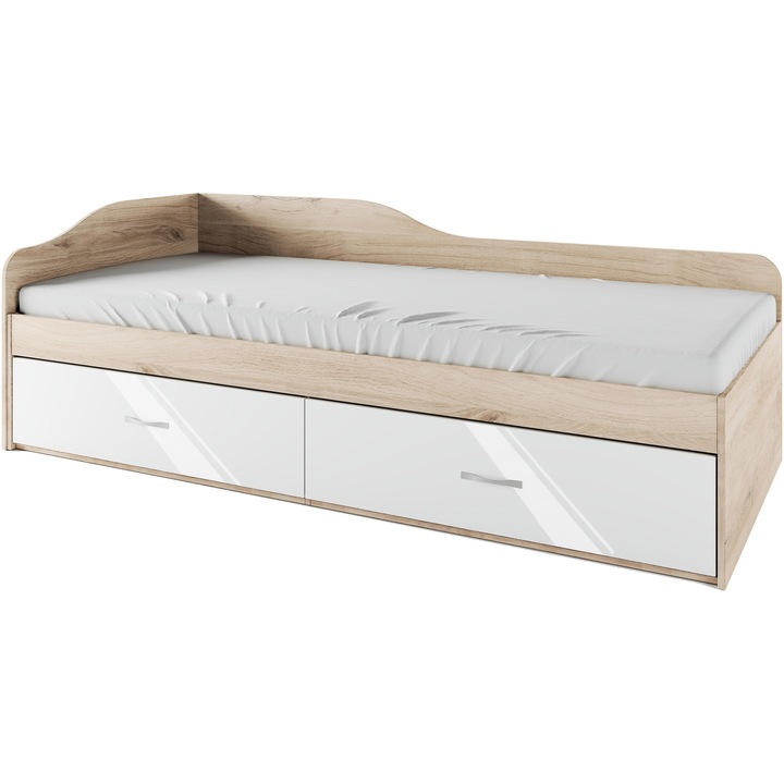 Irim Gaspar Ifjúsági ágy, 90x200 cm matrachoz, 2 fiókos, Sonoma tölgy/Fényes fehér