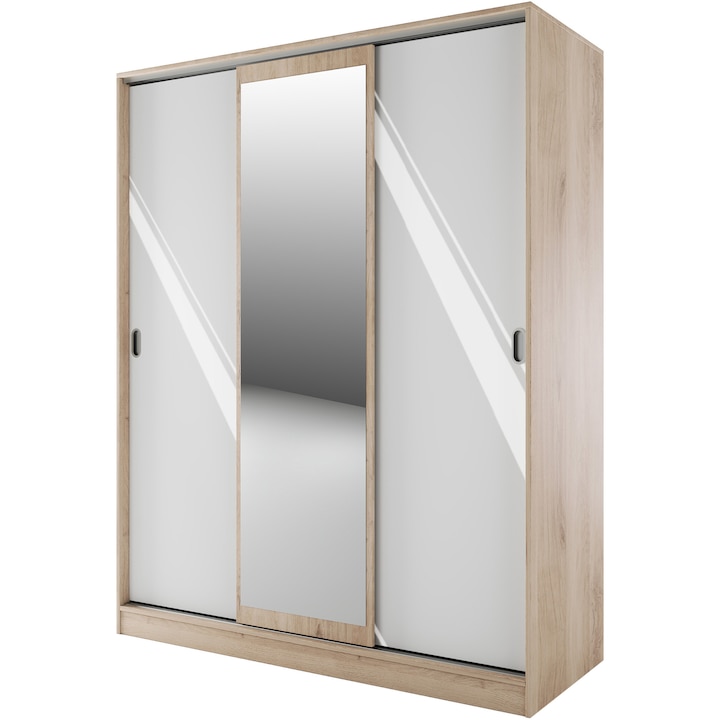 Irim Nevada Gardróbszekrény, 150X59x191 cm, 3 ajtó, Tükör, Sonoma tölgy/Fényes fehér