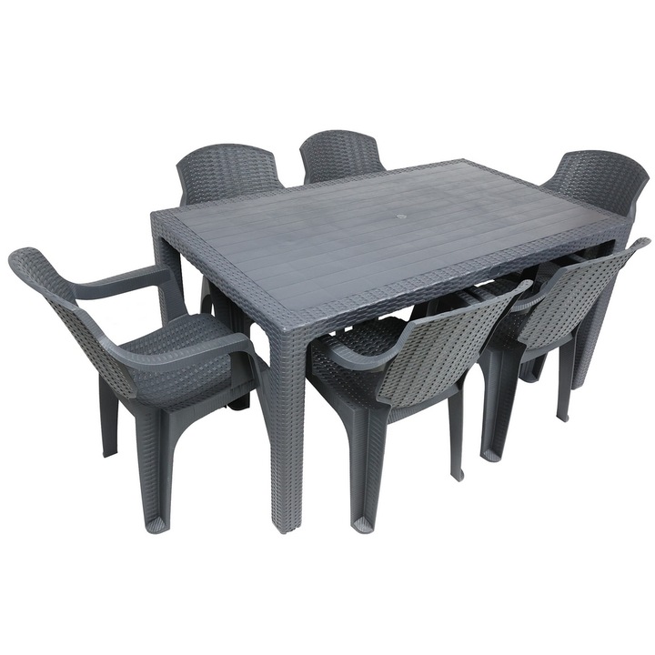 Set masa DacEnergy©, fabricat din polipropilena, cu model impletitura de ratan, forma dreptunghiulara, cu 6 scaune, pentru interior/ exterior, 150 x 90 x 74 cm, gri