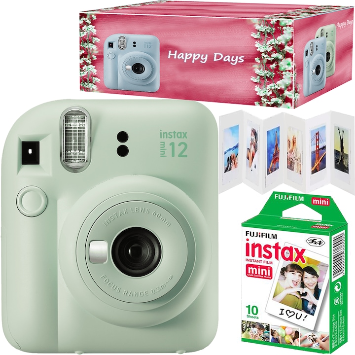 Комплект фотоапарат за моментни снимки Fujifilm, Instax mini 12, С 10 филма, рамка и кутия Happy Days, Ментово зелен