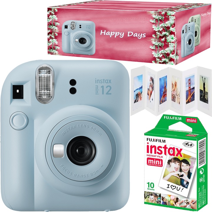 Комплект Фотоапарати за моментни снимки Fujifilm Instax mini 12, Син, филм 1x10, рамка на картина, кутия Happy Days