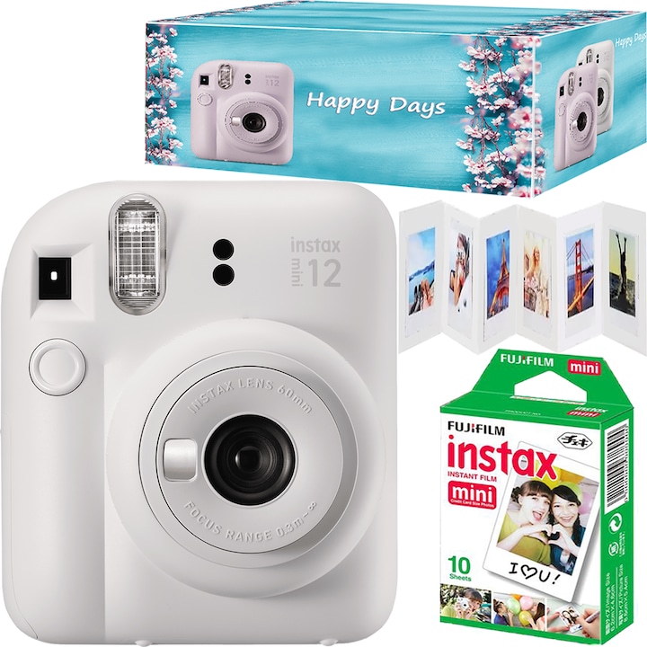 Комплект Фотоапарати за моментни снимки Fujifilm Instax mini 12, Бял, филм 1x10, рамка на картина, кутия Happy Days