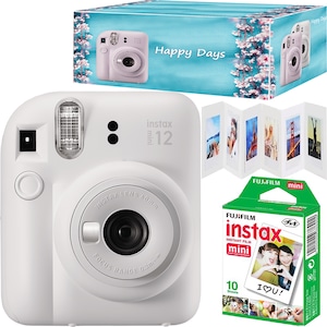 Set aparat foto instant Fujifilm Instax mini 12, Clay White cu 10 filme, rama acordeon si cutie Happy Days