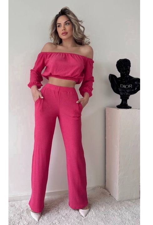 Compleu elegant Alegria, bluza crop cu decolteu elastic pe umeri, Roz