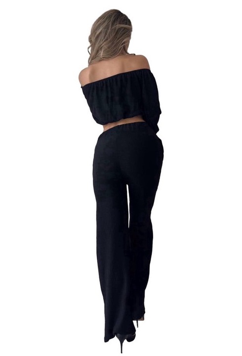 Compleu elegant Alegria, bluza crop cu decolteu elastic pe umeri, Negru