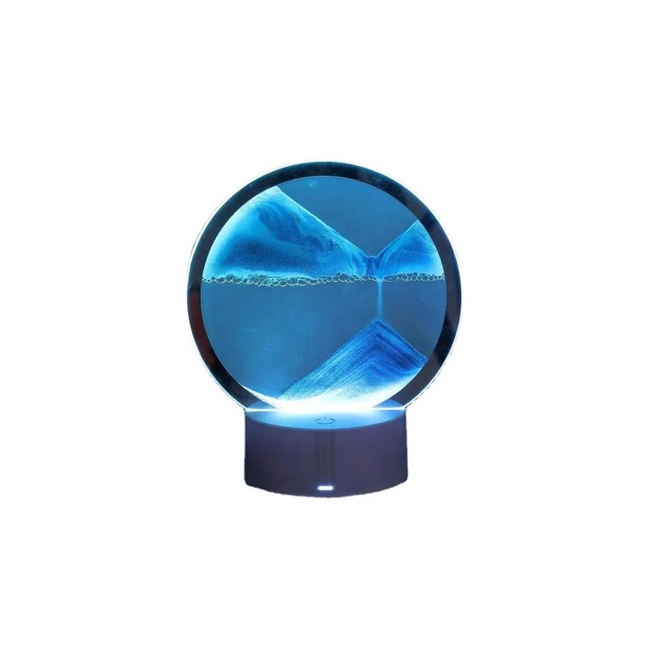 Декоративна лампа пясъчен часовник, подвижни пясъци SandArt, RGB основа, 7 цвята сензорно управление, USB захранване или батерии, 20 см, синьо