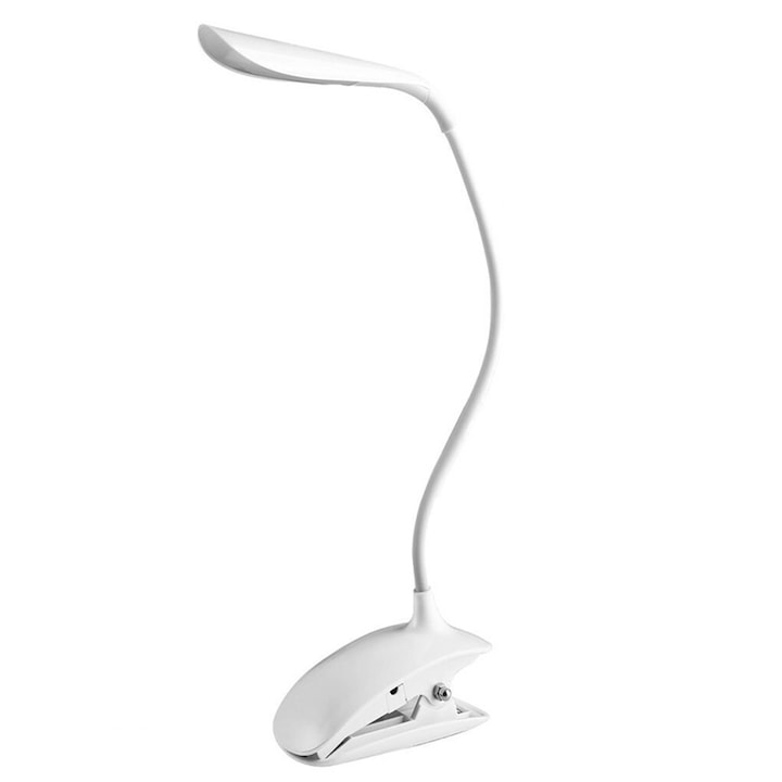 Asztali lámpa olvasáshoz, rugalmas, bilincs, 14 LED, USB töltés, fehér