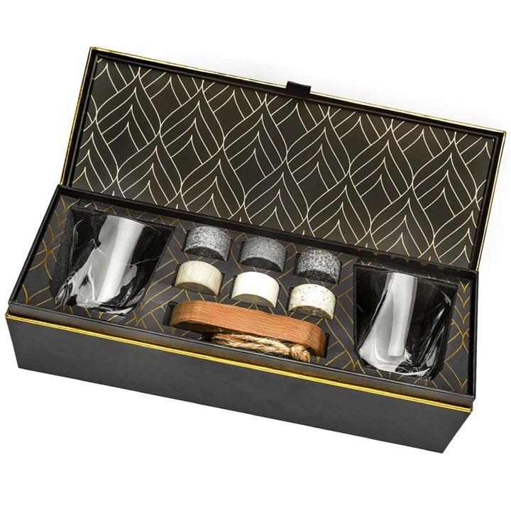 Set Whisky 2 pahare 200ml cu 6 cuburi pietre din granit pentru Whisky Gift Edition