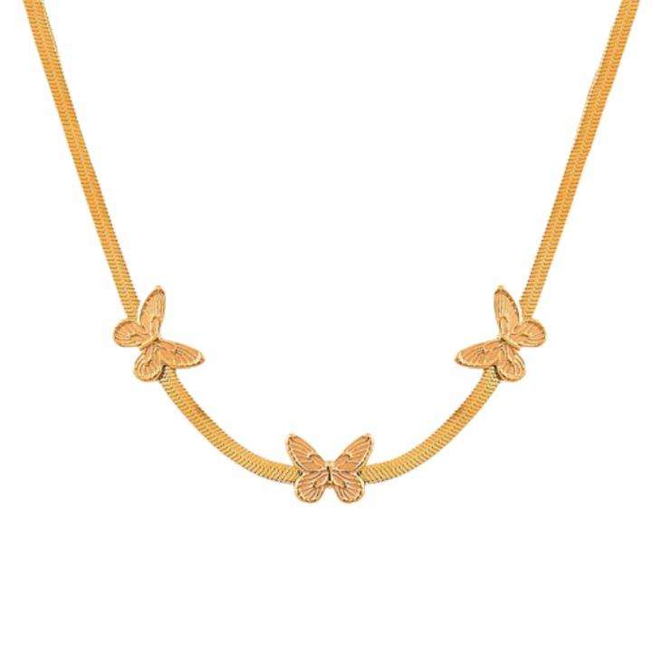 Lantisor de dama model tip Snake cu charm-uri in forma de fluturi, otel inoxdabil, placat cu aur 18K, auriu, Tessero