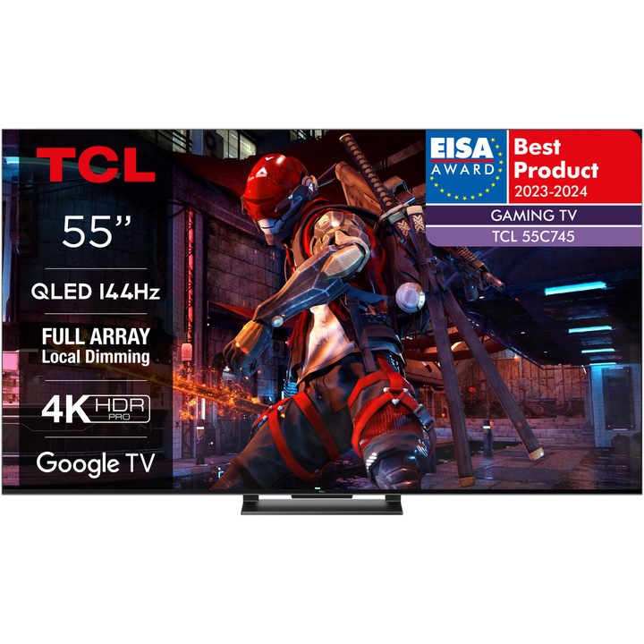 Televizor TCL QLED 55C745, 139 cm, Smart Google TV, 4K Ultra HD, 100 Hz, Clasa F (Model 2023)