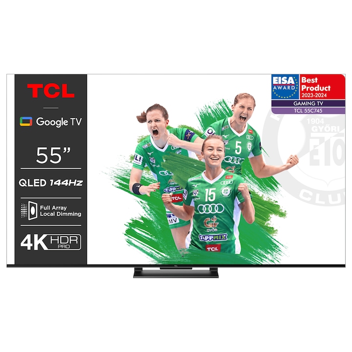 TCL QLED 55C745 TV, 139 cm, Smart Google TV, 4K Ultra HD, 100 Hz, F osztály