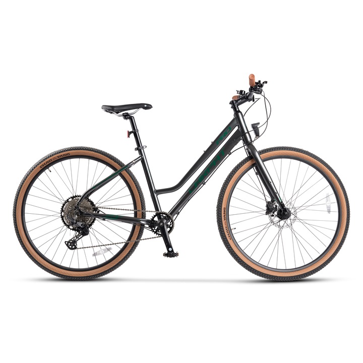 ГРАДСКИ велосипед с 29" колела, оборудване Shimano Deore, хидравлични спирачки Shimano, фиксирана вилка, 11 скорости, полуинтегрирани кабели в рамката, сиво/зелено