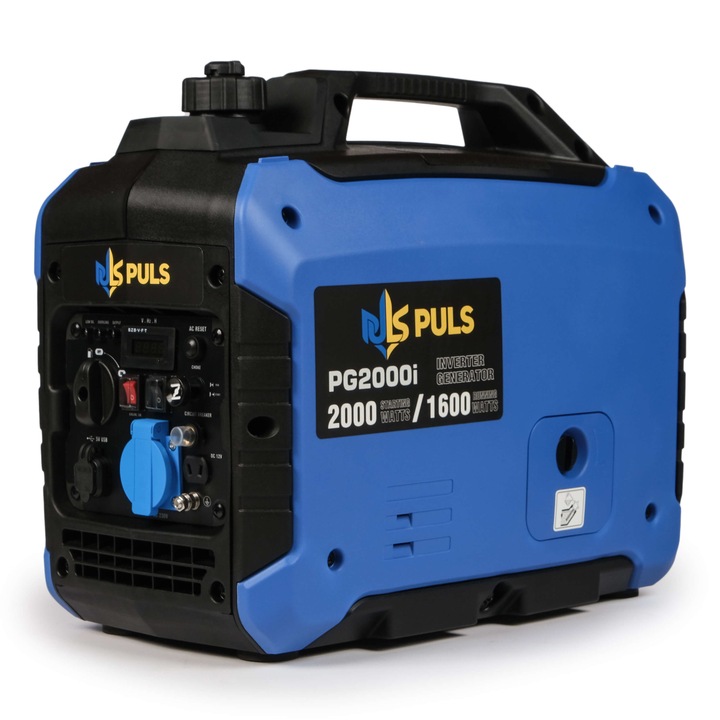 Generator cu invertor, PULS Energy, Cupru, Benzina, 2 kW, Silentios, 230 V, USB, 8 ore, Portabil, Negru/Albastru