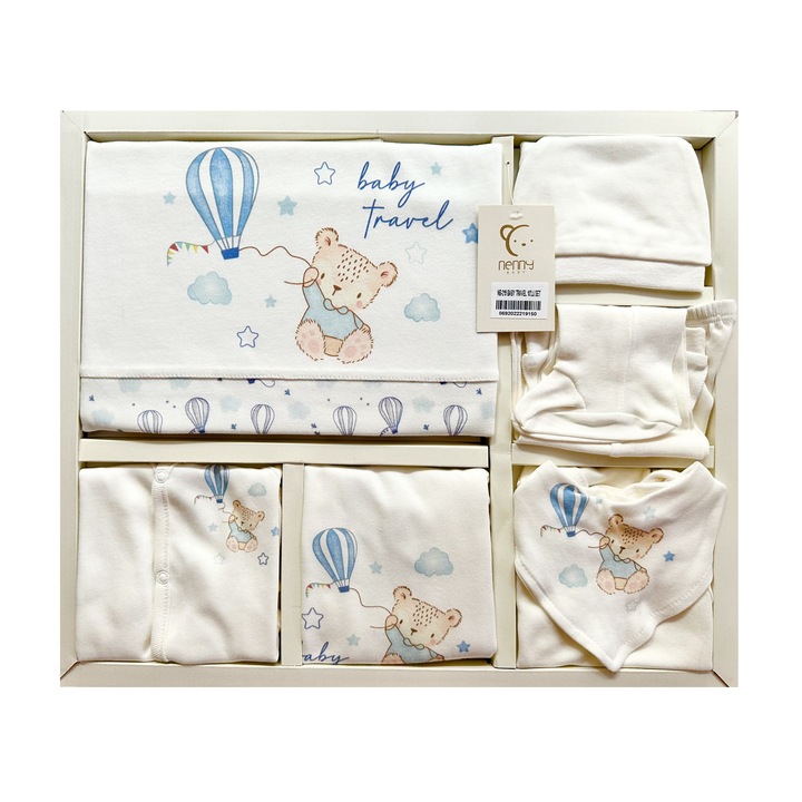 Set Maternitate 10 piese bebelusi/baieti, NENNY BABY "Baby Travel", 100% Bumbac, 0-4 luni, Alb/Albastru