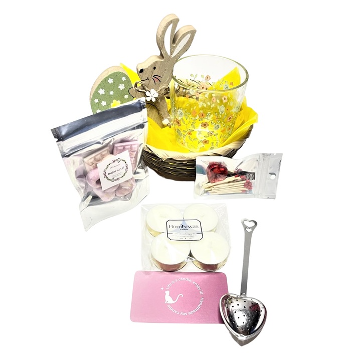 Кошница с 4 неароматизирани свещи, комплект парчета соев восък, божур и аромат на лайм, количество 75 гр., чаша и настойка за чай