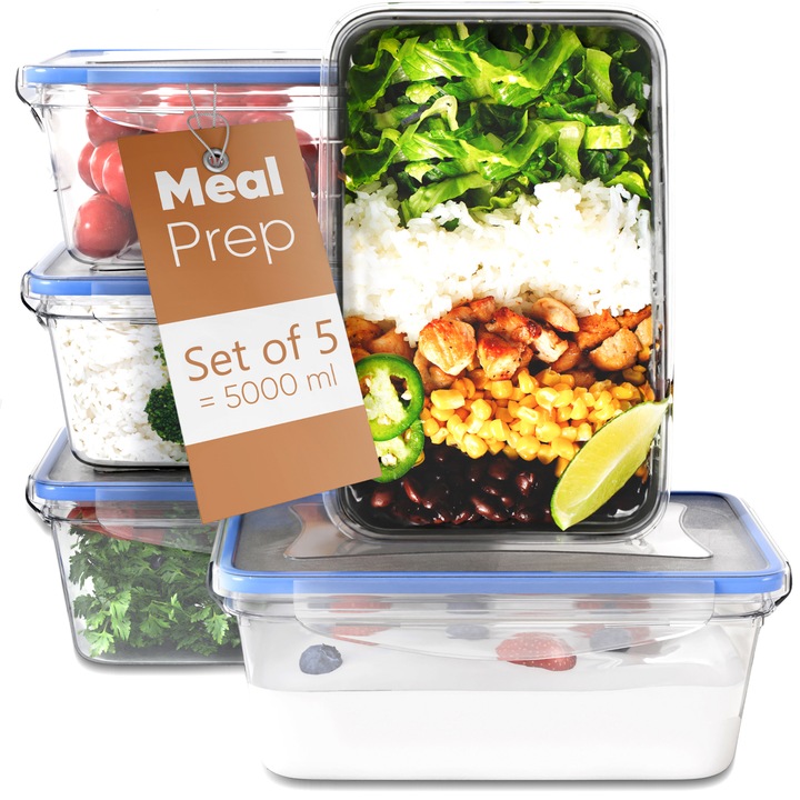 Set caserole pentru alimente Classbach, C-FHD4007K, 5 piese, 1000 ml, plastic fara BPA, inchidere ermetica, lavabile in masina de spalat vase, potrivite pentru cuptorul cu microunde si congelator, transparent