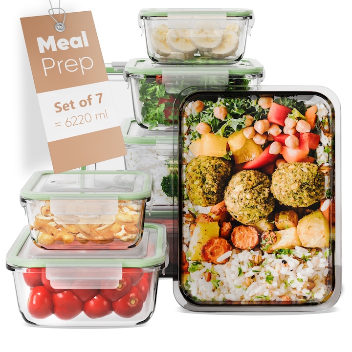 Set caserole sticla pentru alimente Classbach, C-FHD4010G, 7 piese, 2x1040 ml/ 1x800 ml/ 2x520 ml/ 2x370 ml, inchidere ermetica, lavabile in masina de spalat vase, potrivite pentru cuptorul cu microunde si congelator, transparent