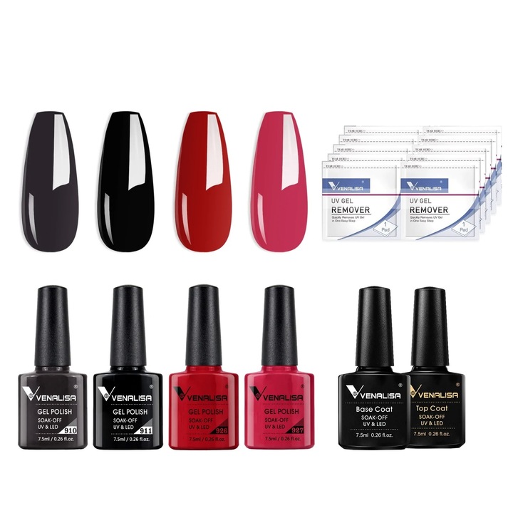 Kit 4 oje semipermanente, top coat, base coat, 10 servetele pentru indepartarea ojei, Venalisa, 7.5 ml, 910, 911, 926, 927