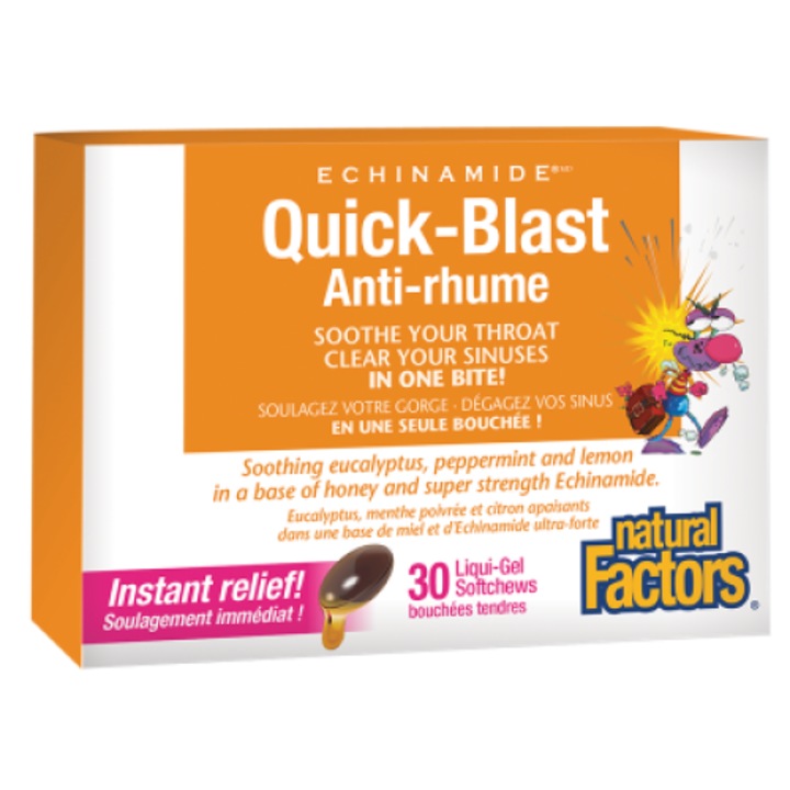 Хранителна добавка Natural Factors, Echinamide® Quick-Blast 85 mg х 30 течни софтгел капсули за дъвчене с ехинацея, мед, ментол и евкалипт