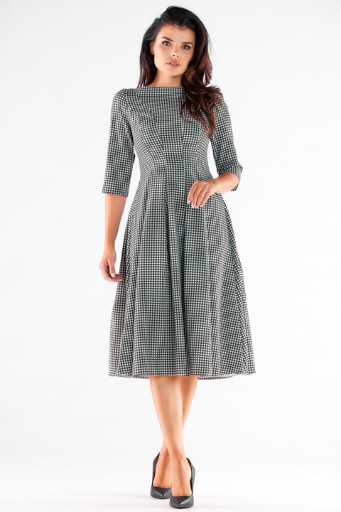 Midi Rochie Maneca trei sferturi A519, Alb/Gri