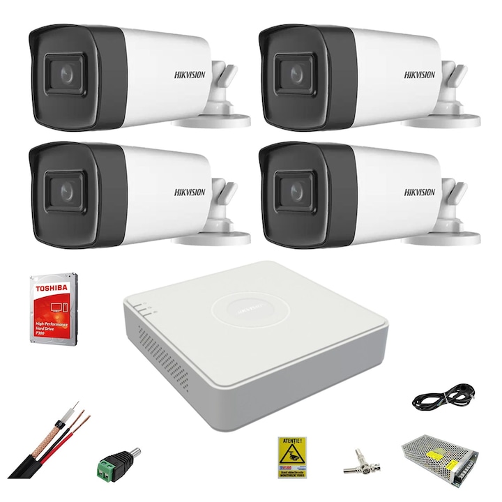 Sistem supraveghere profesional Hikvision Color Vu 4 camere 5MP IR20m, DVR 4 canale, full accesorii si HDD