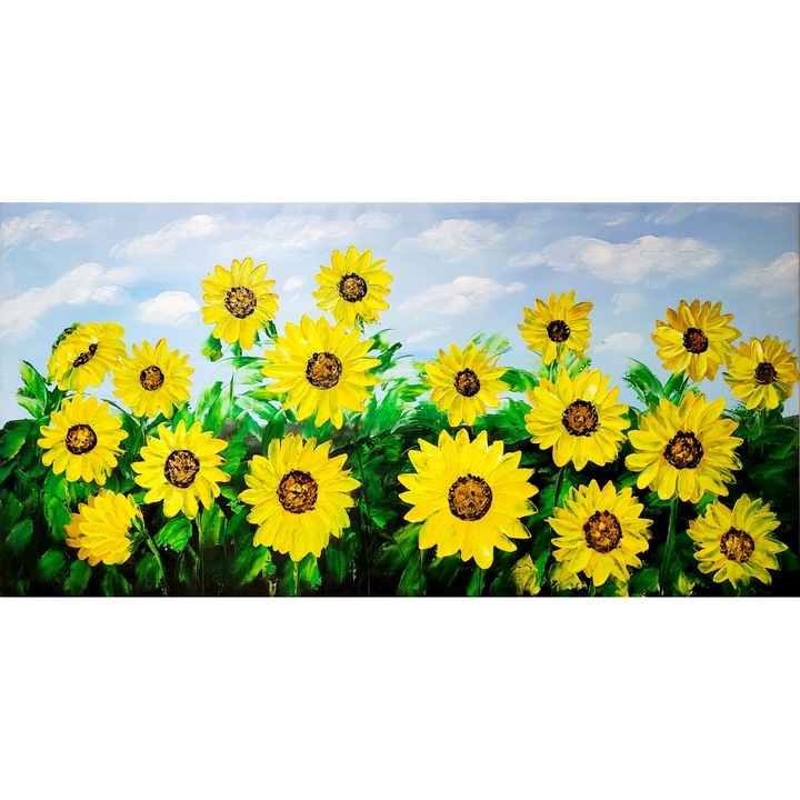 Tablou - Ulei pe panza, Pictura Manuala, Floral, Arta Abstracta, Tehnica Impasto - Cutit, "Floarea Soarelui", 120cm x 60cm - pe Sasiu de Lemn, fara Rama