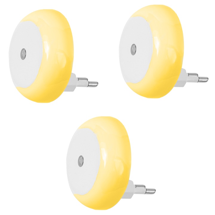 Set 3 Lampa de veghe LED Zepo, cu senzor zi-noapte, 0.5W, 40lm, lumina calda, design rotund, 100-240V
