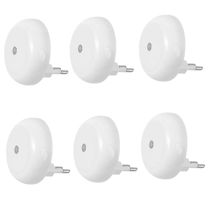Set 6 Lampa de veghe LED Zepo, cu senzor zi-noapte, 0.5W, 40lm, lumina rece, design rotund, 100-240V