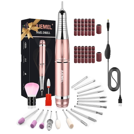 Freza Unghii Profesionala, JUEMEL, M8866, Manichiura, Pedichiura, 35000RPM, 50 benzi de slefuire, 17 capete pentru pila, Portabil, Incarcare USB, Roz