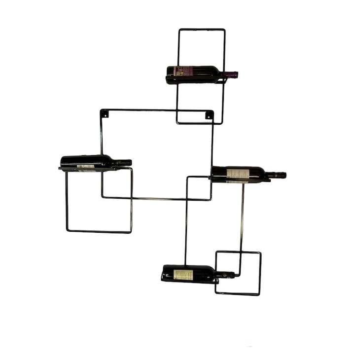 Suport Vin de perete, handmade, 4 sticle, Metal, Negru, Gate Store