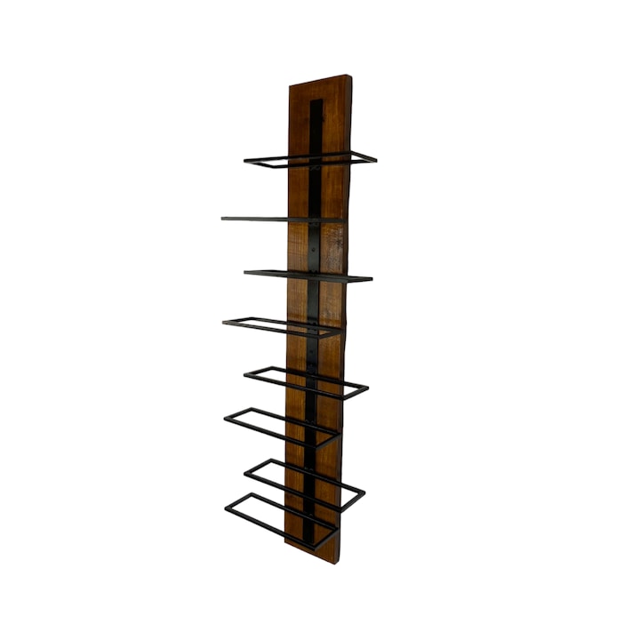 Suport Vin de perete, handmade, 8 sticle, din metal si lemn, Negru, Gate Store