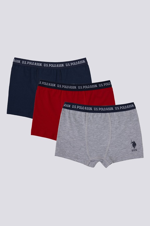 U.S. Polo Assn., Set de boxeri cu banda logo in talie - 3 perechi, Gri/Rosu inchis/Bleumarin