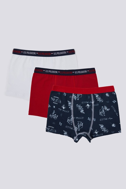 U.S. Polo Assn., Set de boxeri cu banda logo in talie - 3 perechi, Rosu/Bleumarin