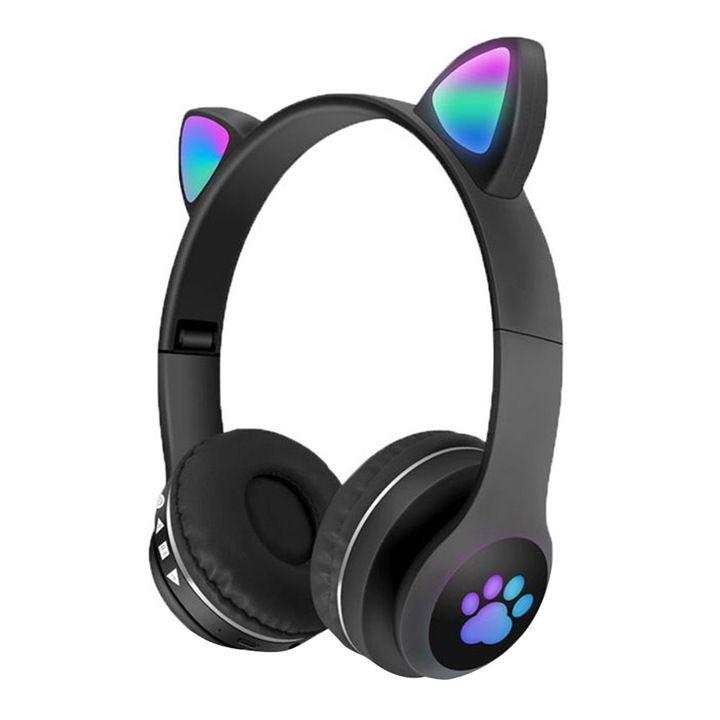 Сгъваеми безжични слушалки SIKS, котешки уши, Bluetooth 5.0, свободни ръце, HiFi, бас стерео, LED, TF, черни