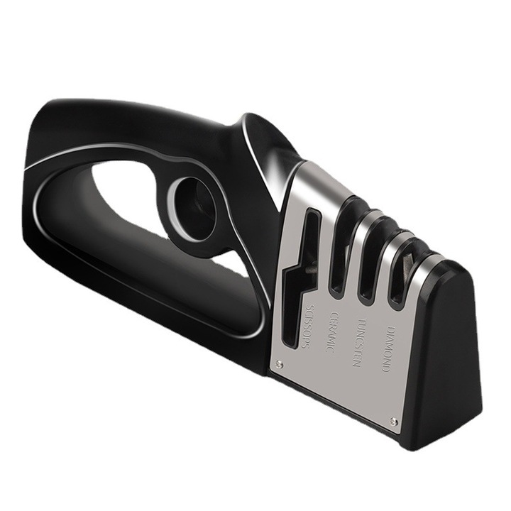 Ascutitor de cutite 4 in 1, ABS, 3 niveluri ascutire, Negru/Argintiu