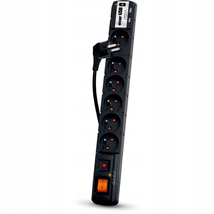 Удължител, Acar, 3м, черен, 6x230V, 2xUSB