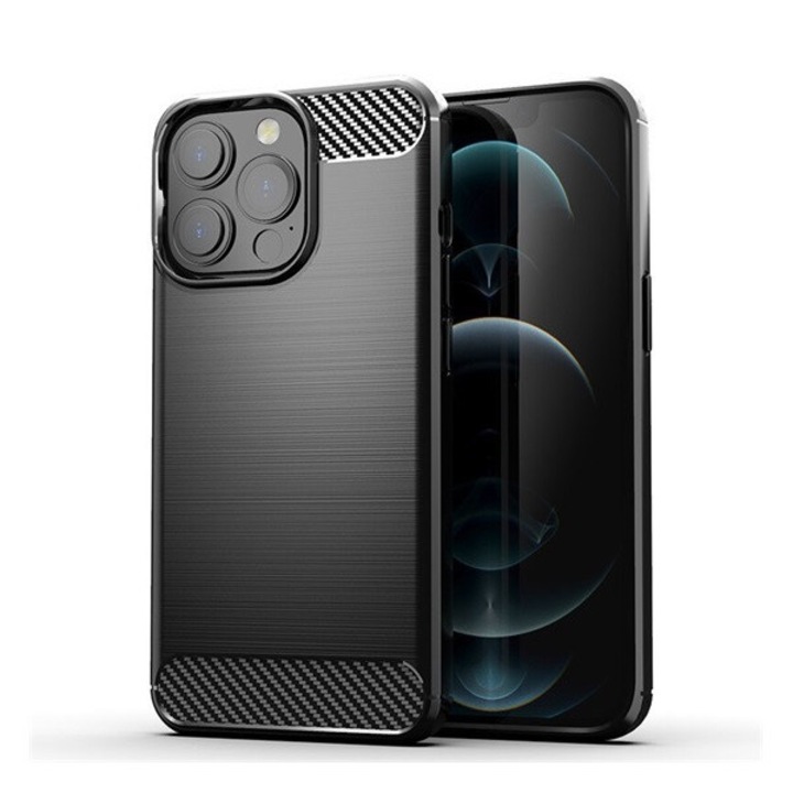 Samsung Galaxy A14 5G (SM-A146), Samsung Galaxy A14 4G (SM-A145) Szilikon telefonvédő (közepesen ütésálló, légpárnás sarok, szálcsiszolt, karbon minta) FEKETE