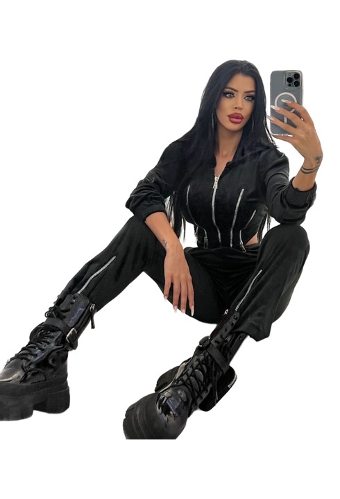 Trening dama catifea cu fermoare, Deependent, negru, Negru