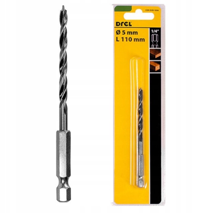 Burghiu Pentru Lemn, Drela, Diametru 5 mm, Lungime Totala 110 mm, Tip De Prindere Hex 1/4'', Destinatie Pentru Lemn, 110 x 5 mm