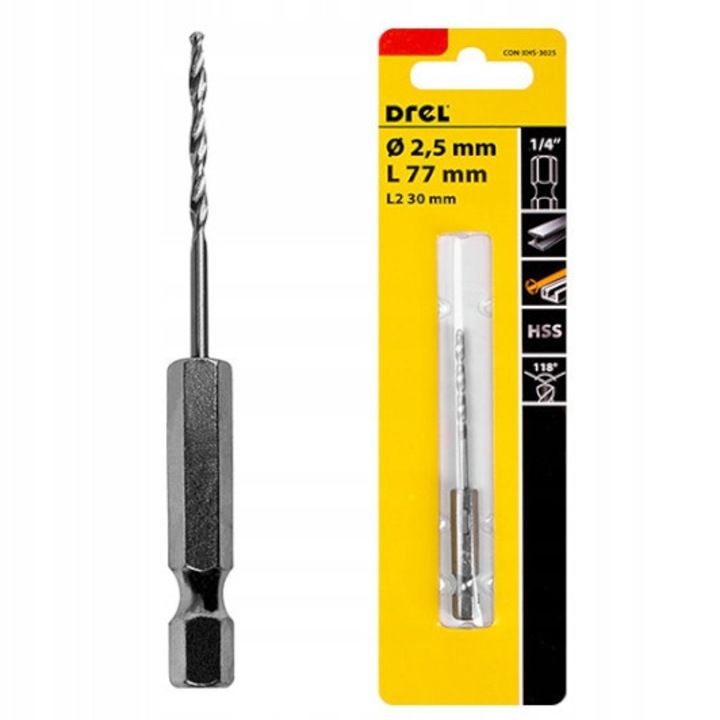 Burghiu Pentru Metal, Drel, 77 x 30 mm, Diametru 2,5 mm, Lungime Totala 77 mm, Lungime De Lucru 30 mm, Material Hss