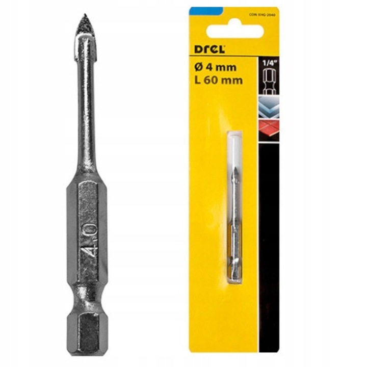 Burghiu Pentru Sticla, Drel, Hex, 60 mm, Diametru 4,0 mm, Lungime 60 mm, Tip Prindere Hex 1/4'', Destinatie Pentru Sticla