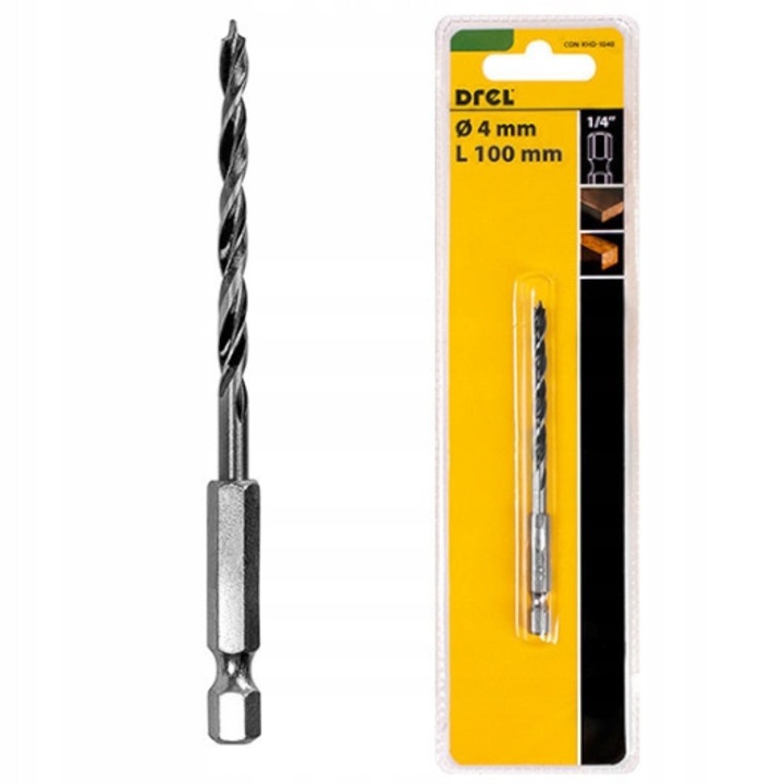 Burghie Pentru Lemn, Drel, Diametru 4 mm, Lungime Totala 100 mm, Tip Prindere Hex 1/4'', Destinatie Pentru Lemn, 100 mm